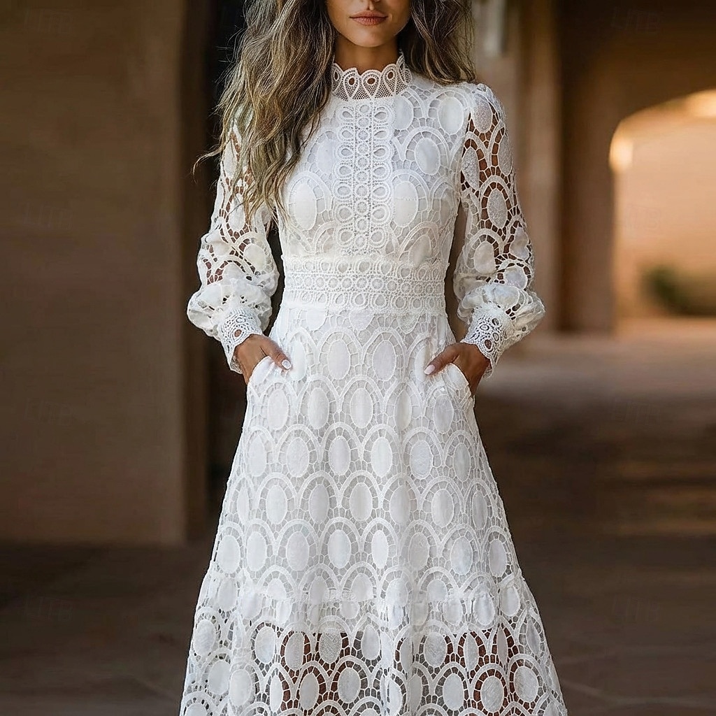 Per donna Abito Midi Abito maxi Abito Bianco Abito in Pizzo Vestito Casual Elegante Moda Moderno All'aperto Vacanza Uscire Vestibilità regolare Taglia piccola Geometrico Manica Lunga Collo Alto Collo del 2026 a $41.99 –P1
