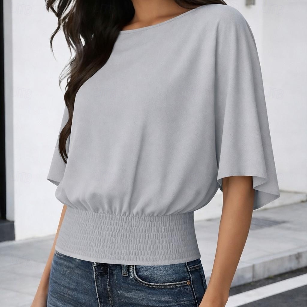 Women's T Shirt Tee Smocked Waist Solid Color Stylish Casual Short Sleeve Batwing Sleeve Crew Neck Round Neck Regular Tops Daily Going out Black White Green Coffee Gray Summer Spring 2026 - $21.99 –P3