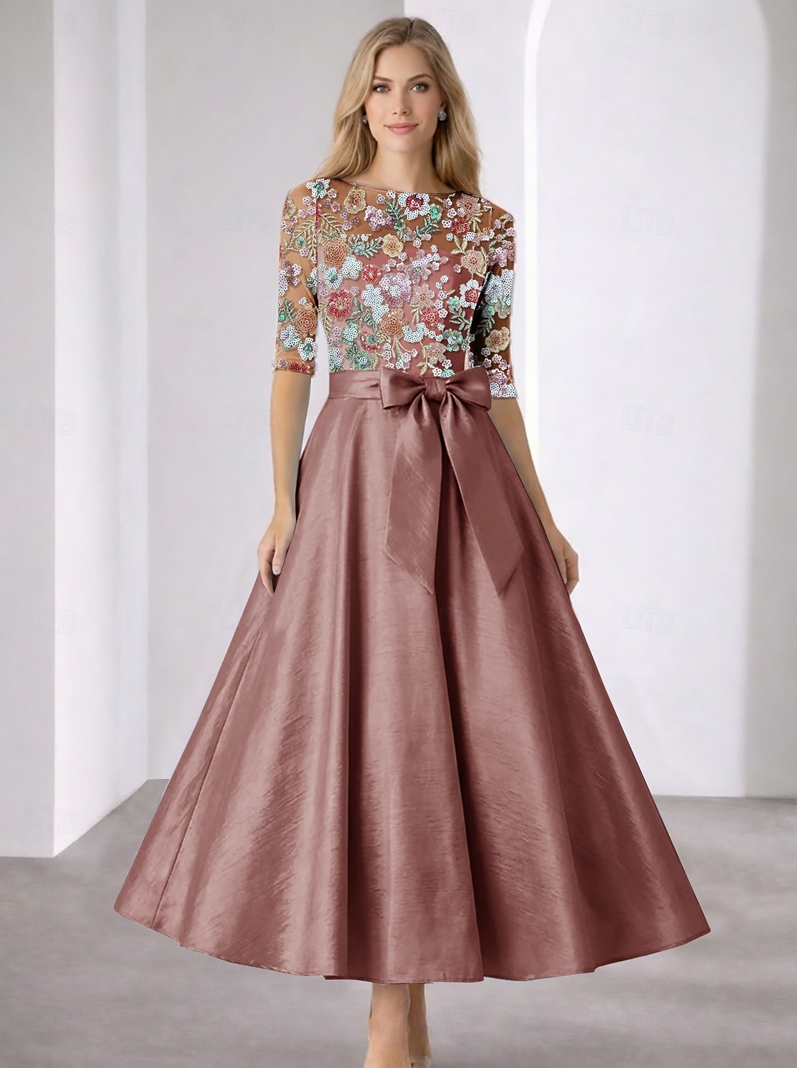 Linea ad A Lunghezza alla caviglia Lunghezza Tè Vestito da Festa Abito da Cocktail Abito da invitata a nozze Abiti da Cocktail Elegante Scintillante Manica 3/4 Scollo a Barca Festa in giardino Formale del 2026 a $182.99 –P3