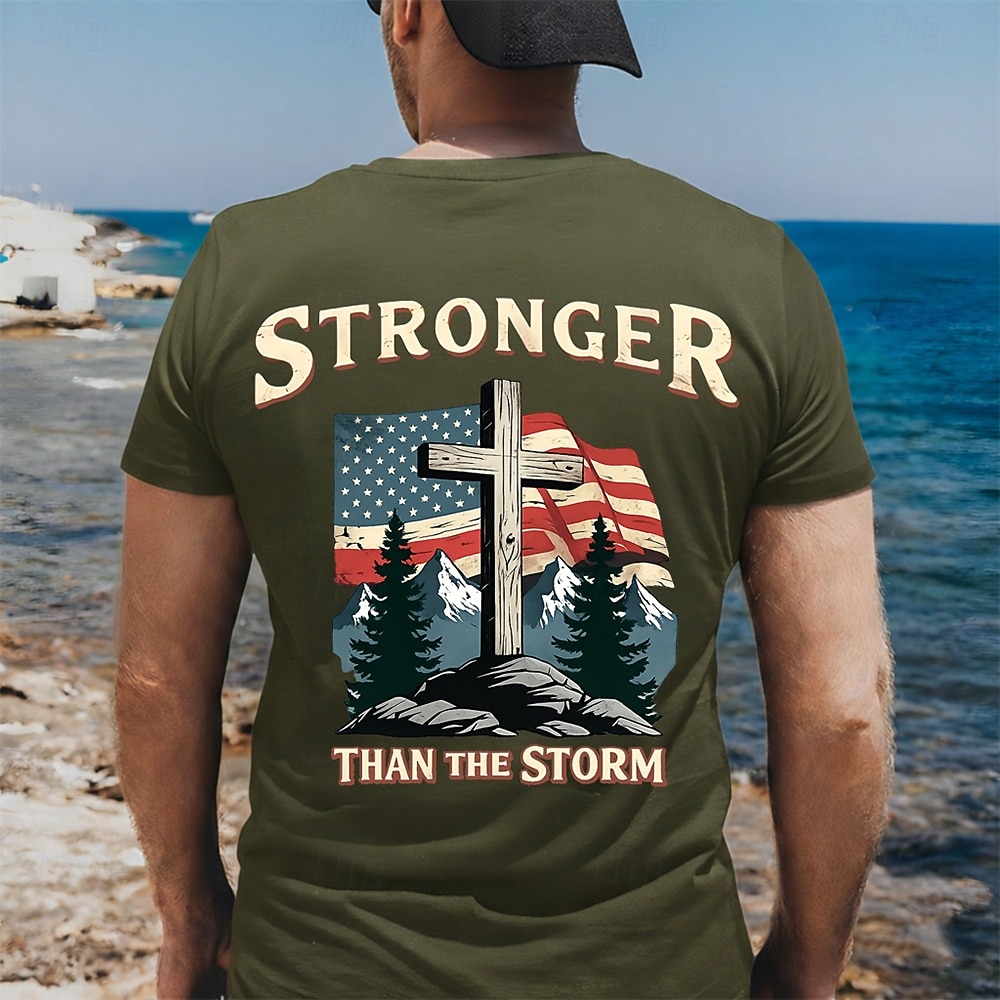 Koszulka męska Pismo Święte Silniejszy niż Amerykańska Flaga Krzyż Chrześcijański Patriotyczna Wiara Tył Druk Krótki Rękaw Koszulka Regularny Krój Casual Odzież 2026 - $21.99 –P4