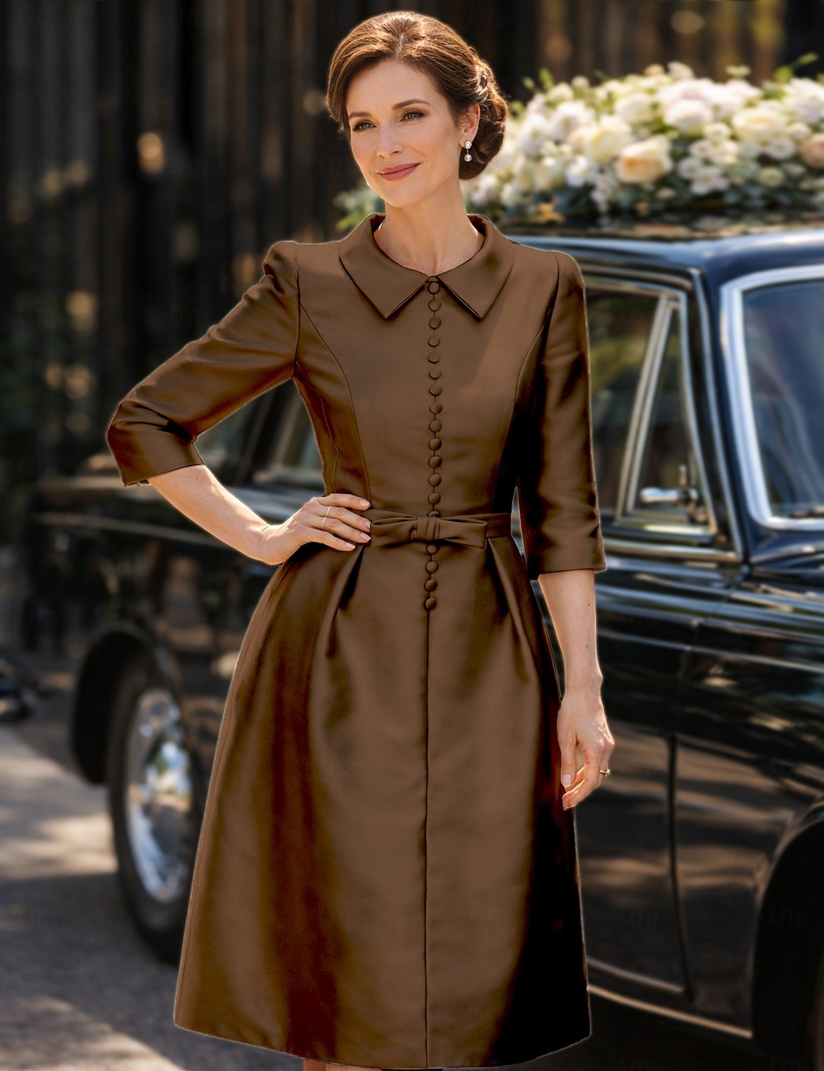 Schlauchkleid Knielang Partykleid Cocktailkleid Kleid für Hochzeitsgäste Brautmutterkleid Dreiviertelarm Hemdkragen Elegant Minimalistisch Hochzeitsgast Cocktailparty Formeller Abend Stretch Satin mit 2026 - $126.99 –P11