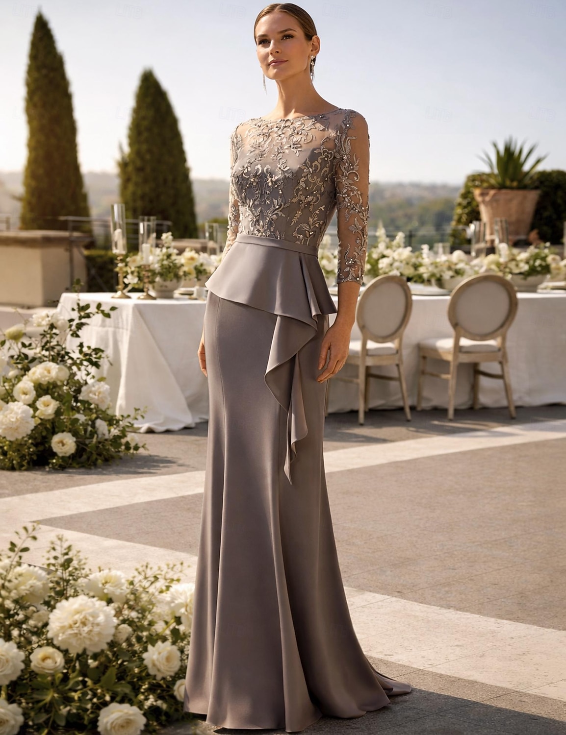Mermaid Trumpet Floor Length Wedding Guest Dress Formal Dresses Evening Gown Mother of the Bride Dress 3/4 Length Sleeve Half Sleeve Illusion Neck Jewel Neck Elegant Vintage Party Formal Wedding 2026 - $206.99 –P1