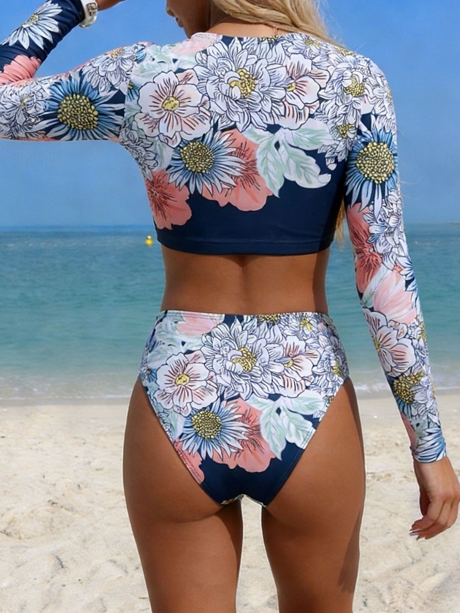 Damskie Stroje kąpielowe Bikini 2 szt Majtki Kostium kąpielowy Szczupła Odkryte plecy Urlop Stroje plażowe Kwiaty Okrągły dekolt Długi rękaw Kostiumy kąpielowe 2026 - $24.99 –P9