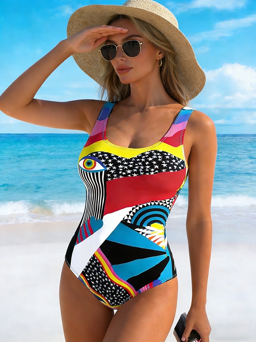 Жен. Купальники Один кусочек Высокий вырез купальник Одежда для пляжа лето Графика Геометрический принт U-образный вырез Без рукавов Купальники 2026 - $32.99 –P2