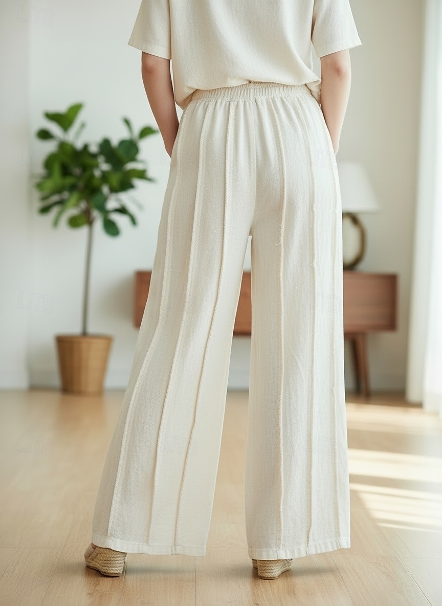 2026年 女性用 コットンリネンパンツ 生意気 チノパン サマーパンツ 旅行度假风 ストリートファッション カジュアル 全長 ミディアムウエスト 純色 弾性ウエストバンド 快適 マイクロエラスティック 日常 アウトドア ストリート ライスホワイト ブラック グリーン 春 秋 ルーズフィット  コレクション – $49.99 –P3