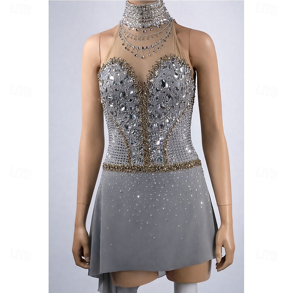 grey ice skating dress Figure Women's Skating Dress Patchwork Asymmetric Hem Stretchy Training Competition Skating Wear Classic Crystal / Rhinestone Sleeveless Ice Skating Figure Skating 2026 promo code 1