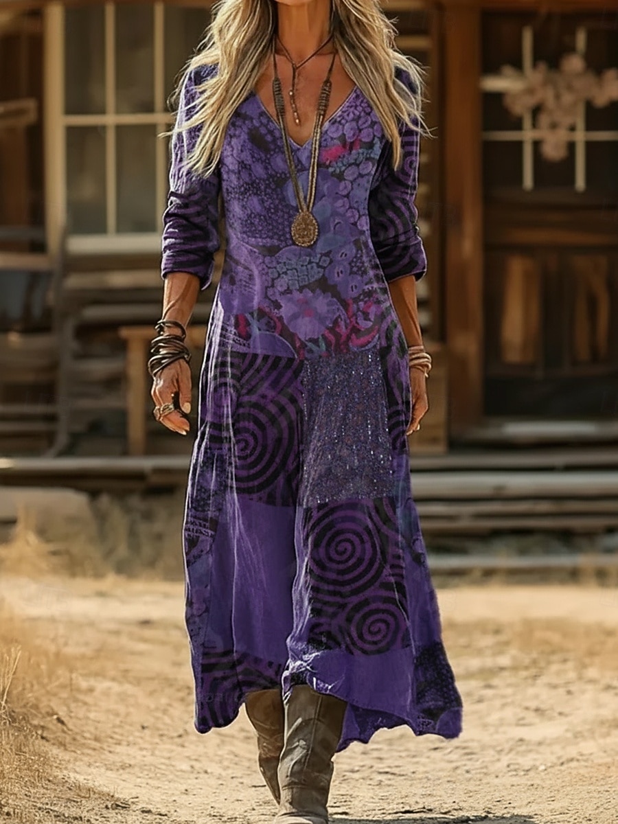 Dam Maxiklänning Boho-klänning Vintage klänning Vardagsklänning Vintage Dagligen Utomhus Semester Normal Blommig Långärmad V-hals Svart Armégrön Marinblå Purpur Vår Höst 2026 - $37.99 –P1