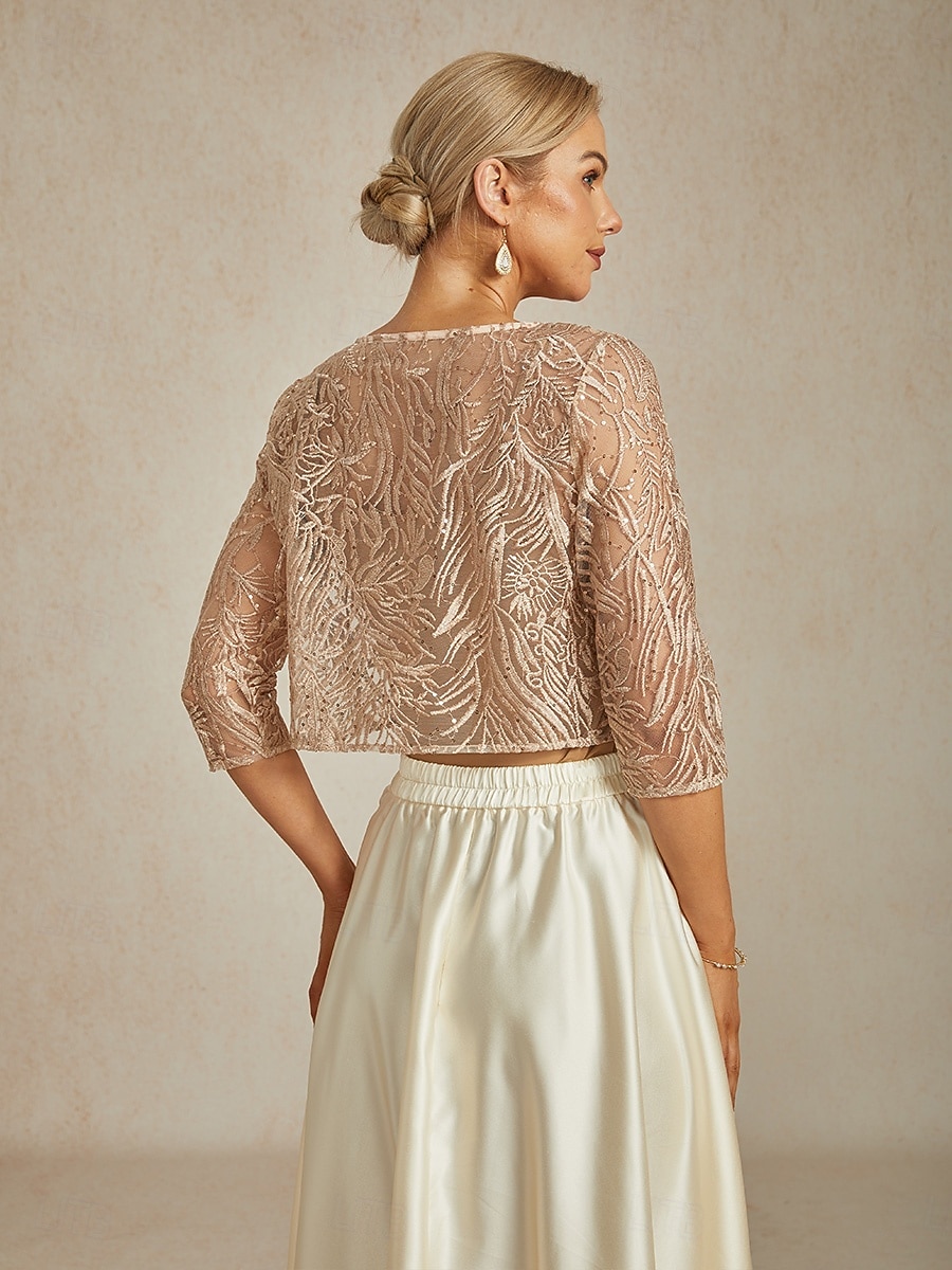 2026年 女性用 ジャケット パーティー レース フラワー カジュアル／普段着 エレガント レギュラー アウターウェア 七分袖 夏 シャンパン S  コレクション – $68.99 –P2