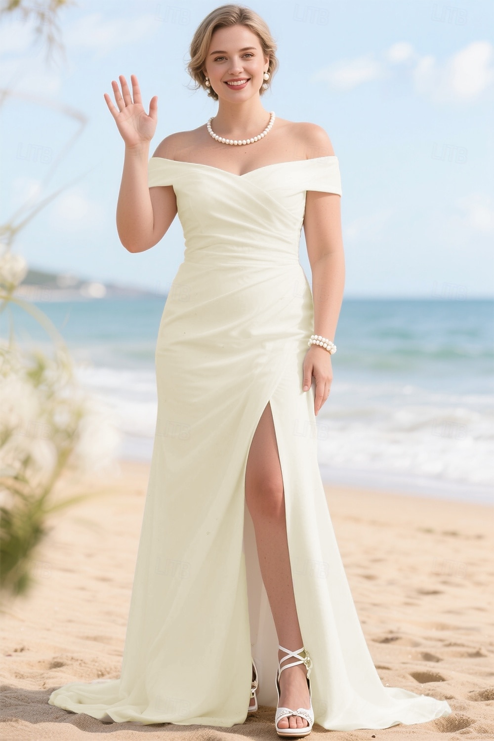Wedding Dresses A-Line Off Shoulder Short Sleeve Sweep Brush Train Stretch Fabric Bridal Gowns With Ruched Solid Color 2026 - $183.99 –P1