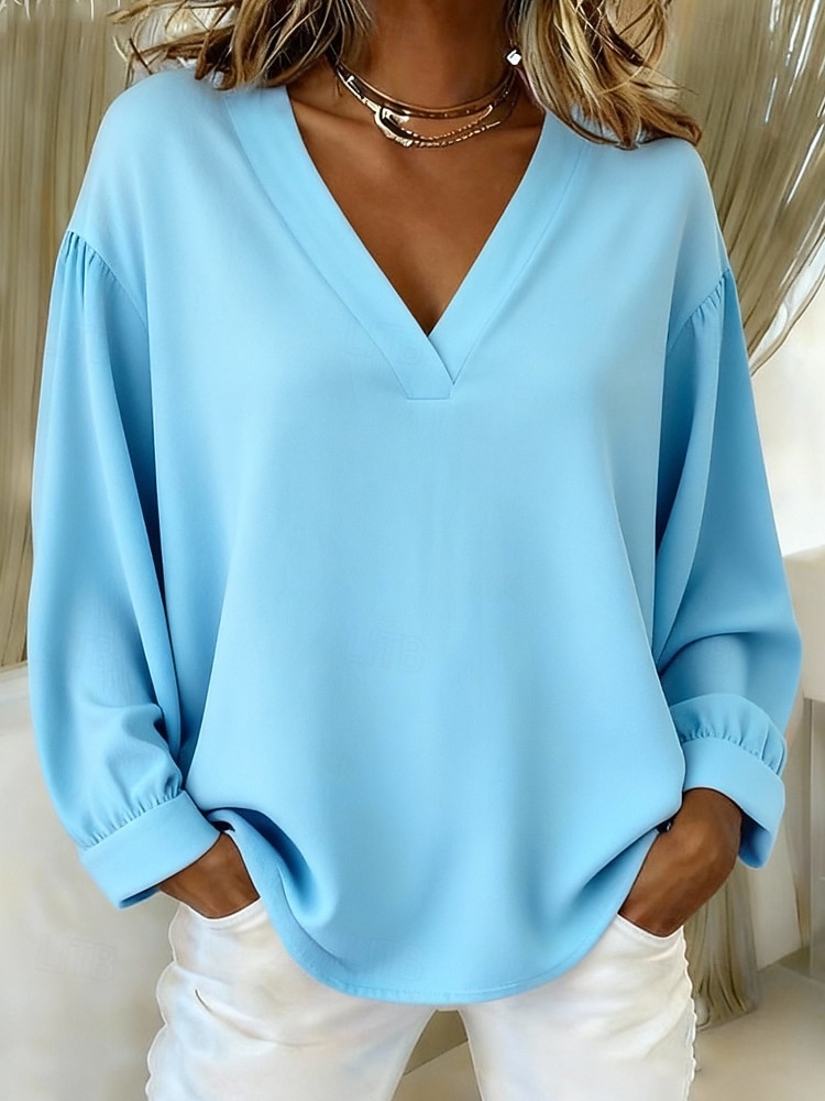 Mulheres Blusa Camisa de algodão Côr Sólida Diário à moda Básico Manga Longa Decote V Tops regulares Diário Azul Rosa Marron Bege Primavera Outono de 2026 por $21.99 –P5