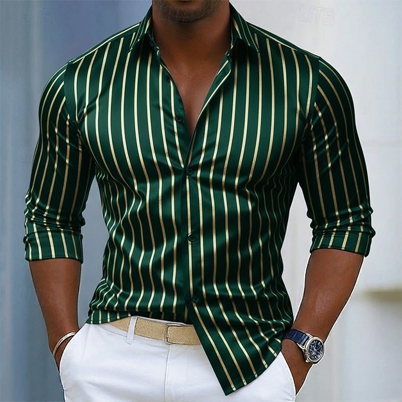 Homens Camisa Social Blusa de cetim Saia camisa de botão Camisa de formatura Tiras verticais O negócio Casamento Preto Vinho Azul Marinha Verde Manga Longa Aberto para a Lateral Todas as Estações de 2026 por $31.99 –P2
