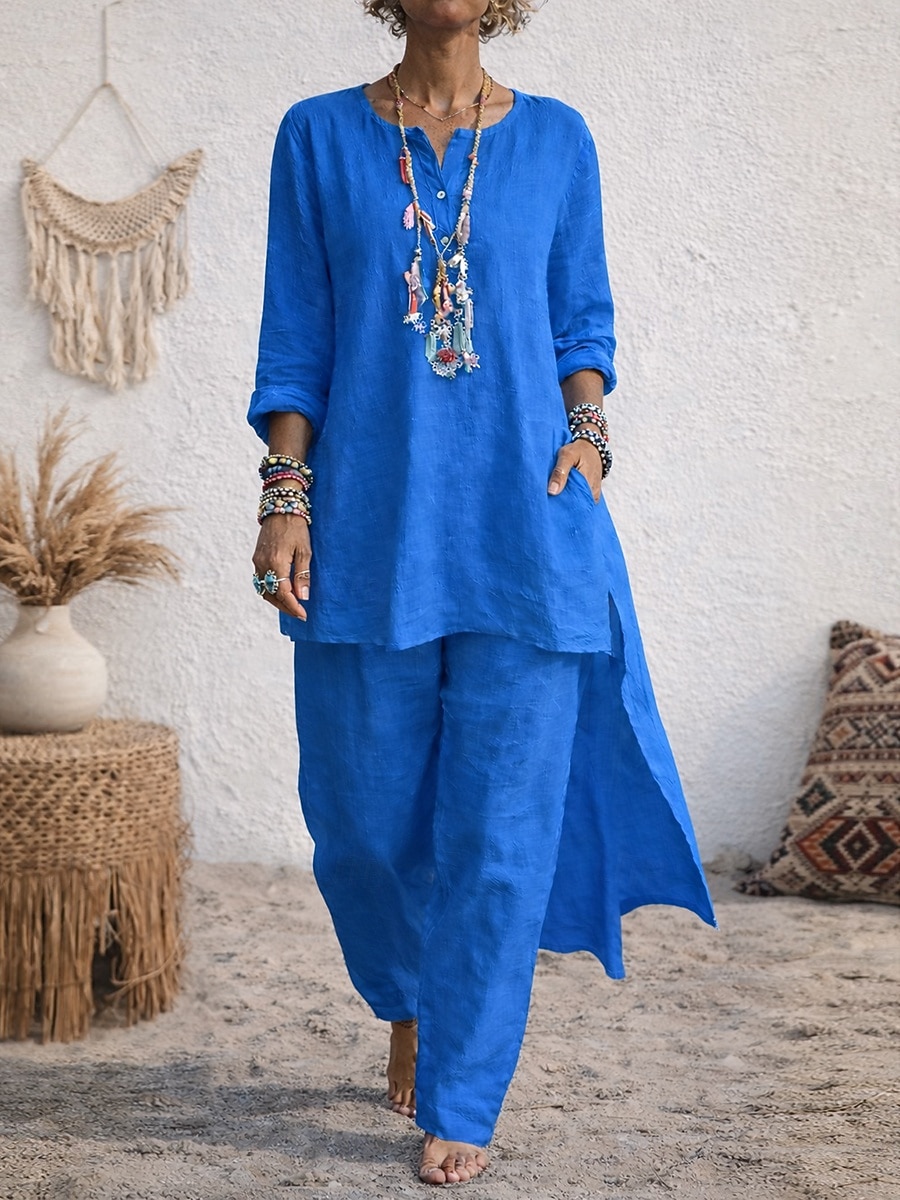 Mujer Camisa Conjunto con tacto de lino Conjuntos de lino y algodón Pantalones de pierna ancha Manga Larga Escote en Pico Plano Moda Ropa de calle Diario Casual Diario Azul Piscina Negro Blanco Verano 2026 - $28.99 –P5