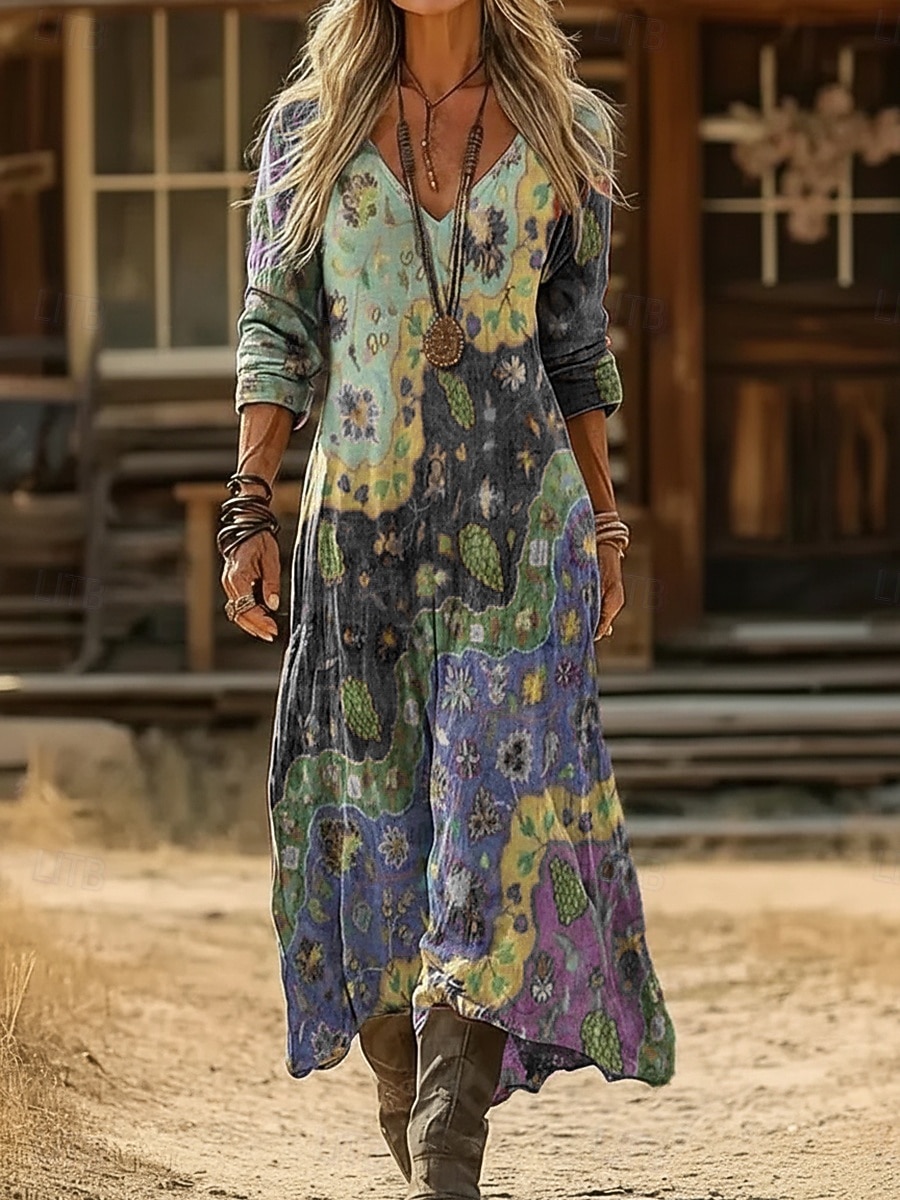 Mujer Vestido largo maxi Vestido bohemio Vestido vintage Vestido informal Vintage Diario Exterior Vacaciones Ajuste regular Floral Manga Larga Escote en Pico Azul Piscina Morado Verde Trébol Gris 2026 - $37.99 –P5