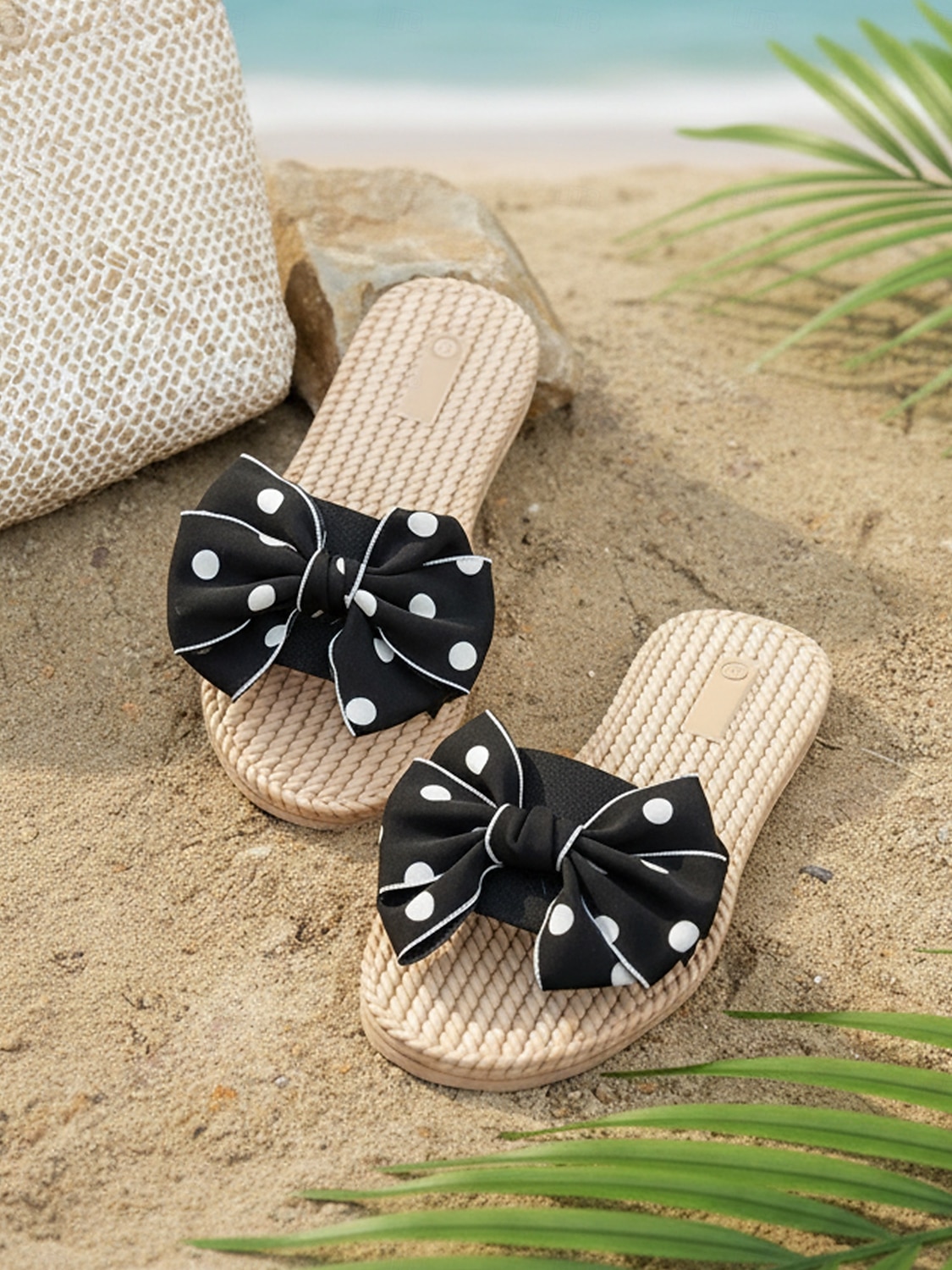 Dames slippers met stippen en strik, met gevlochten touwzool – schattige instapschoenen voor strandvakanties, zomervakanties en bij het zwembad. 2026 - $18.99 –P2