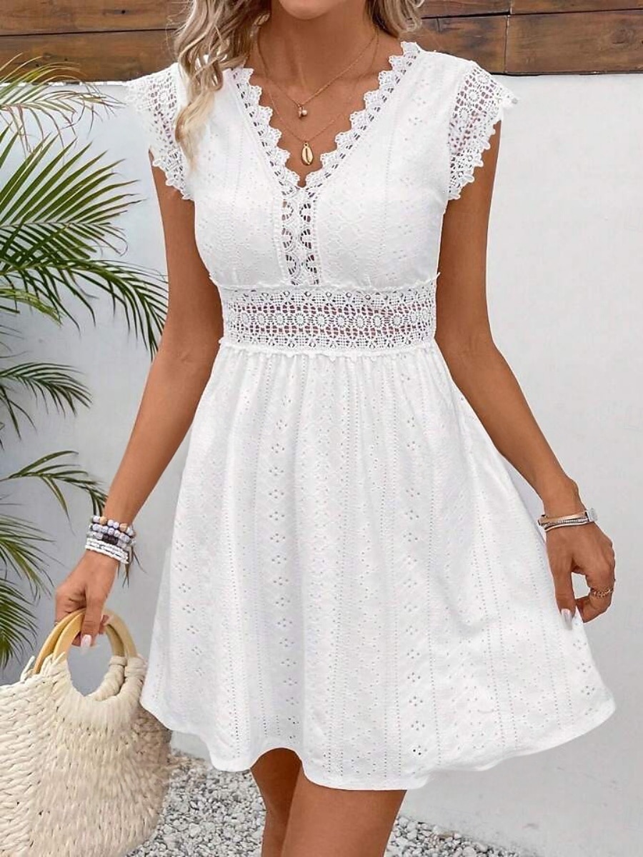 Dames Halflange jurk Kanten jurk Witte jurk Jurk met oogjes Elegant Modieus Modern Casual Dagelijks Buiten Normale pasvorm Effen Mouwloos V-hals Zwart Wit Zomer Lente 2026 - $25.99 –P1