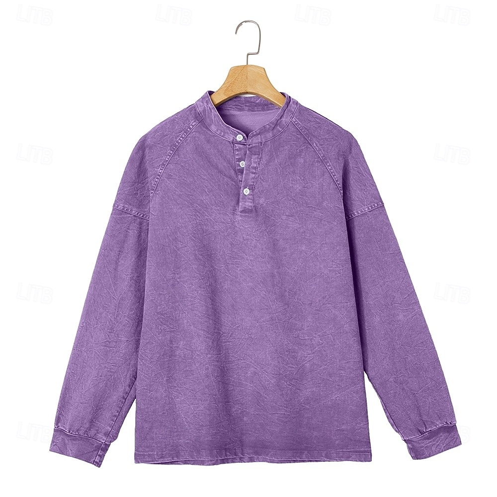 Voor heren T-shirt Henley-shirt Overhemd van 100% katoen met zure wassing Lange mouw Effen Effen kleur Vintage Streetwear Casual Kledingstuk geverfd Bleek Puur Opstaand Henley Casual Huis Straat 2026 - $33.99 –P3