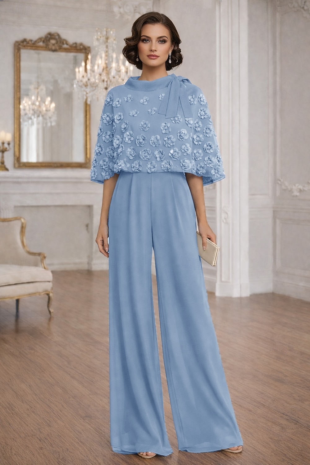 Sheath Column Jumpsuit Pantsuit Floor Length Mother of the Bride Dress Half Sleeve Crew Neck Elegant Simple Casual Formal Wedding Guest Wedding Party Chiffon Shawls with 3D Flowers Beading Appliques 2026 - $171.99 –P1