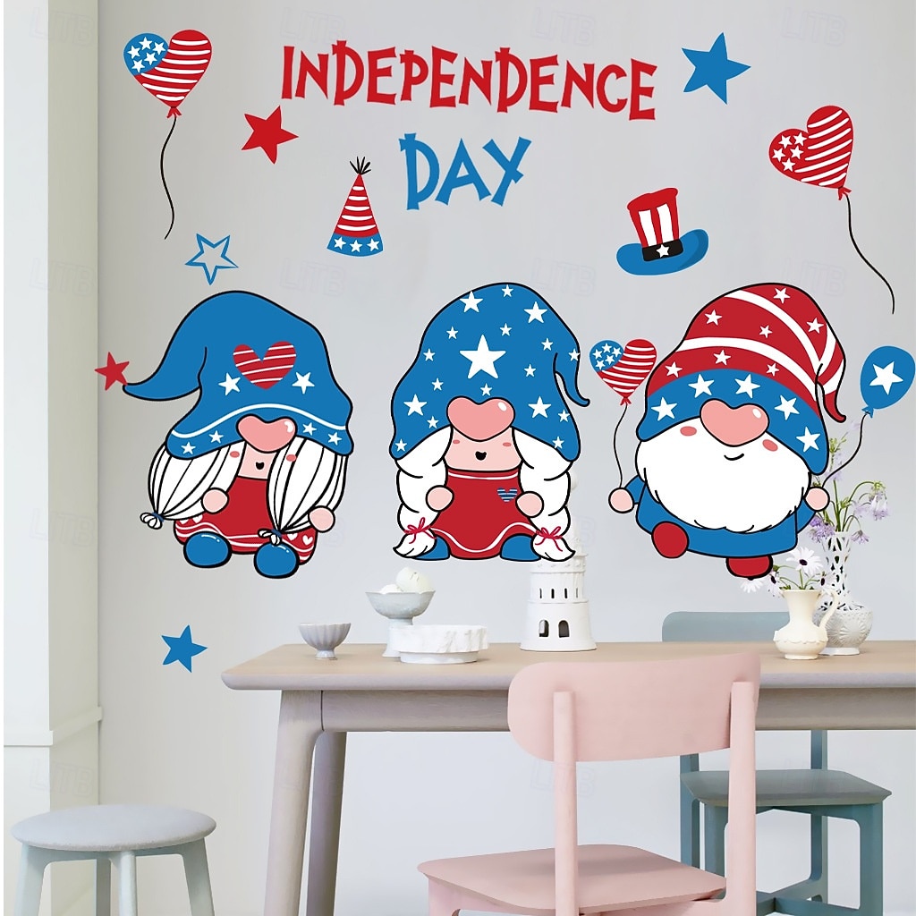 Calcomanías de pared del Día de la Independencia del 4 de julio, pegatinas de pared de gnomos patrióticos con estrellas y rayas, decoración despegable en rojo, blanco y azul para el hogar, el aula, la 2026 - $12.99 –P1