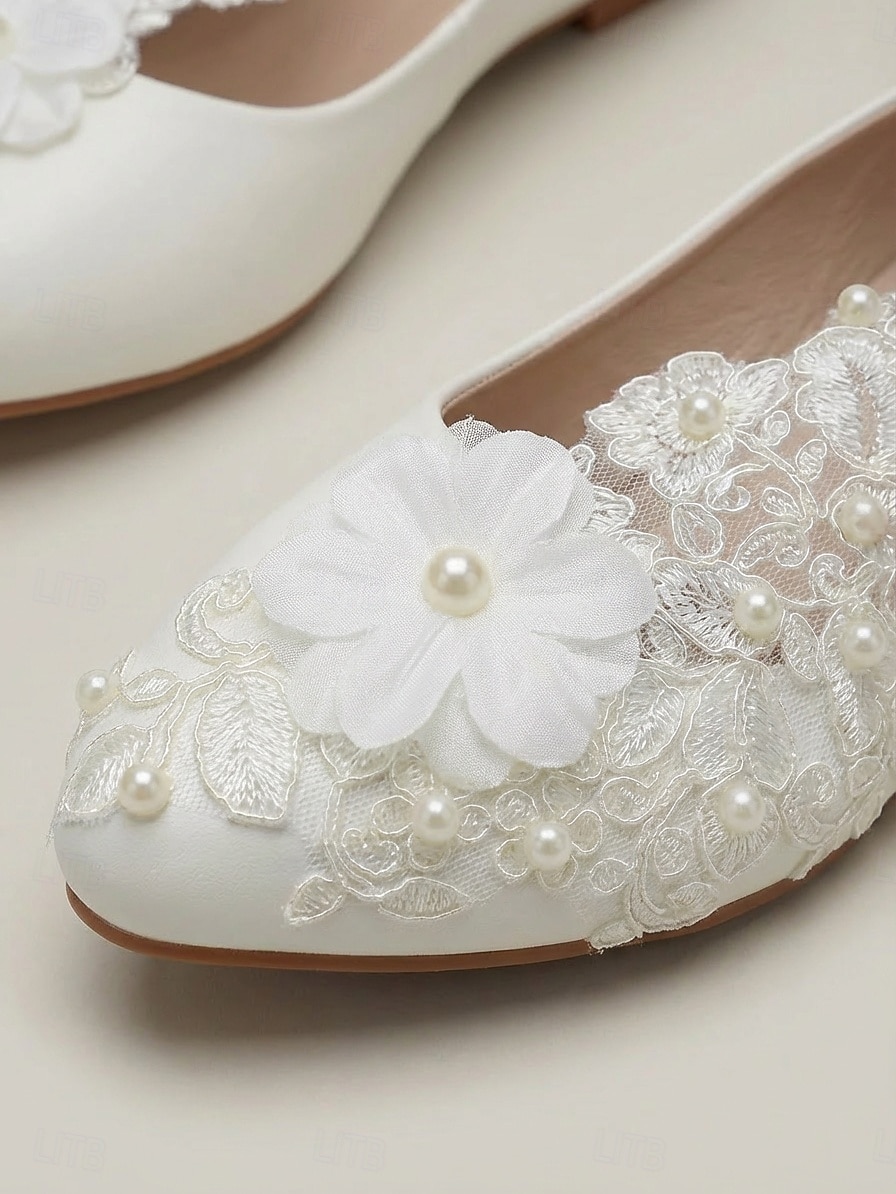 Women's Ivory Lace Floral Pearl Flat Shoes, Romantic Bridal Flats for Outdoor Garden Weddings 2026 - $46.99 –P1