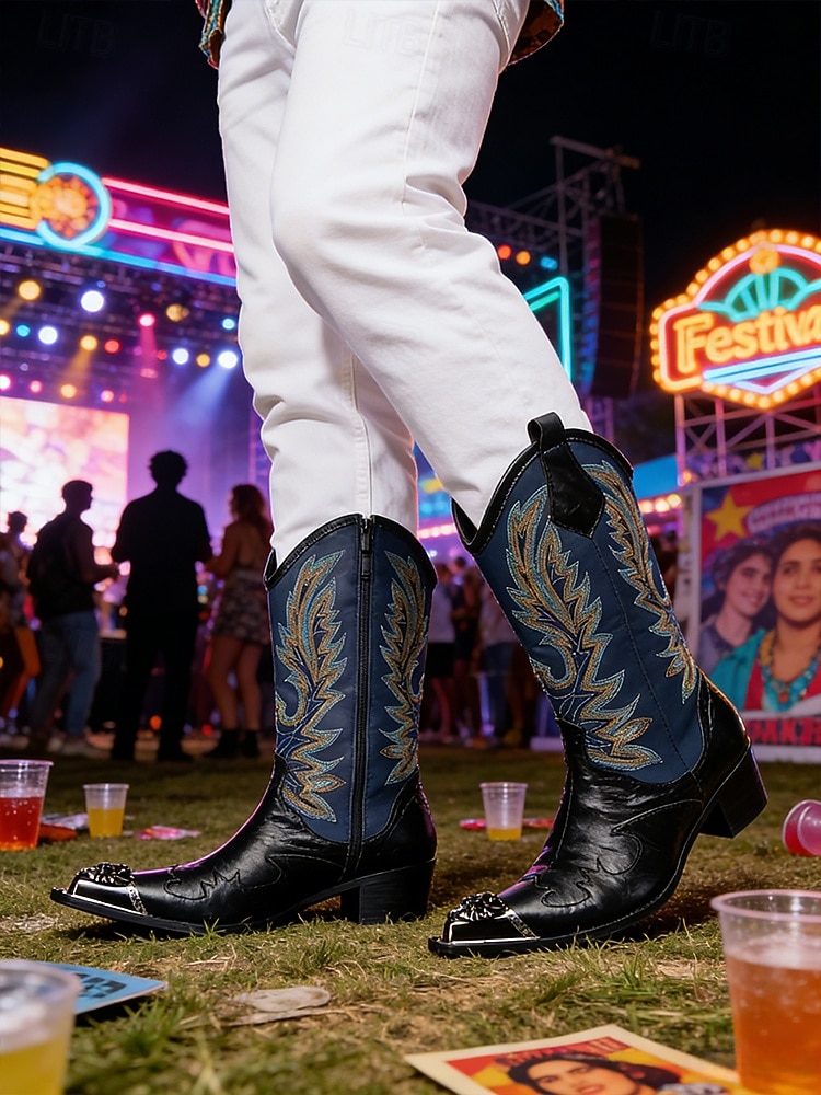 Echte leren cowboylaarzen voor heren met een opvallend bloemenpatroon, stijlvolle westernlaarzen voor een muziekfestival. 2026 - $189.99 –P3