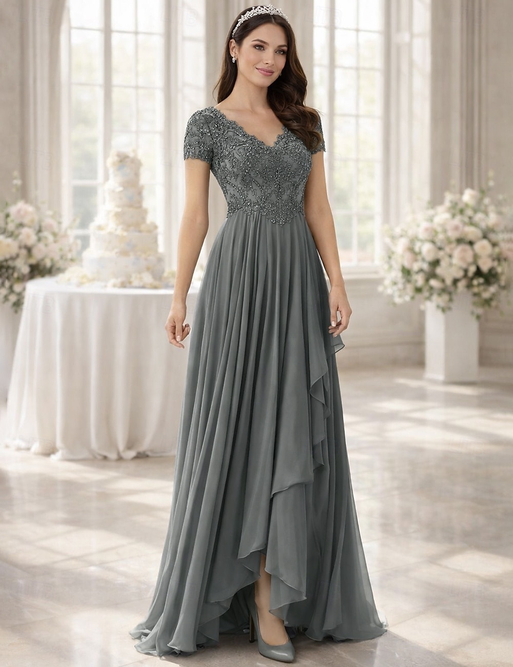 А-силуэт В пол Свадебное платье для гостей Вечернее платье Платье для матери невесты С короткими рукавами V-образный вырез Элегантный стиль Простой 2026 - $146.99 –P1