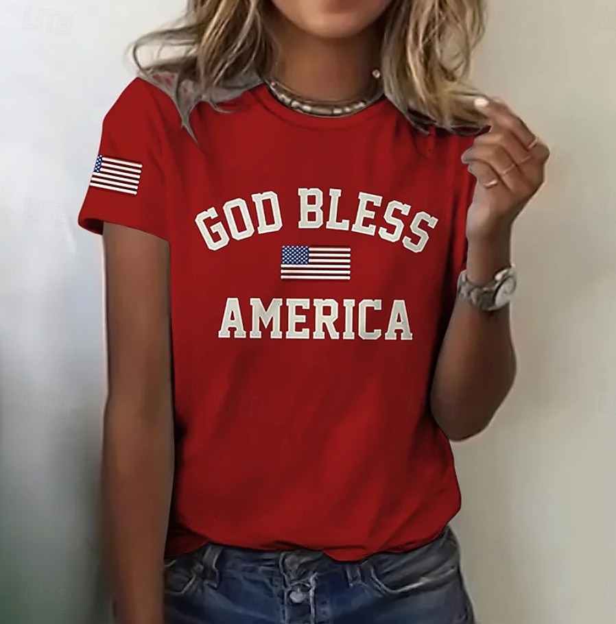2026年 独立記念日 愛国的な女性用Tシャツ プリント グラフィック レター アメリカの旗 スタイリッシュ クラシック カジュアル ショートスリーブ クルーネック レギュラートップ 日常 ブルー ブラック レッド 夏 春  コレクション – $22.99 –P3