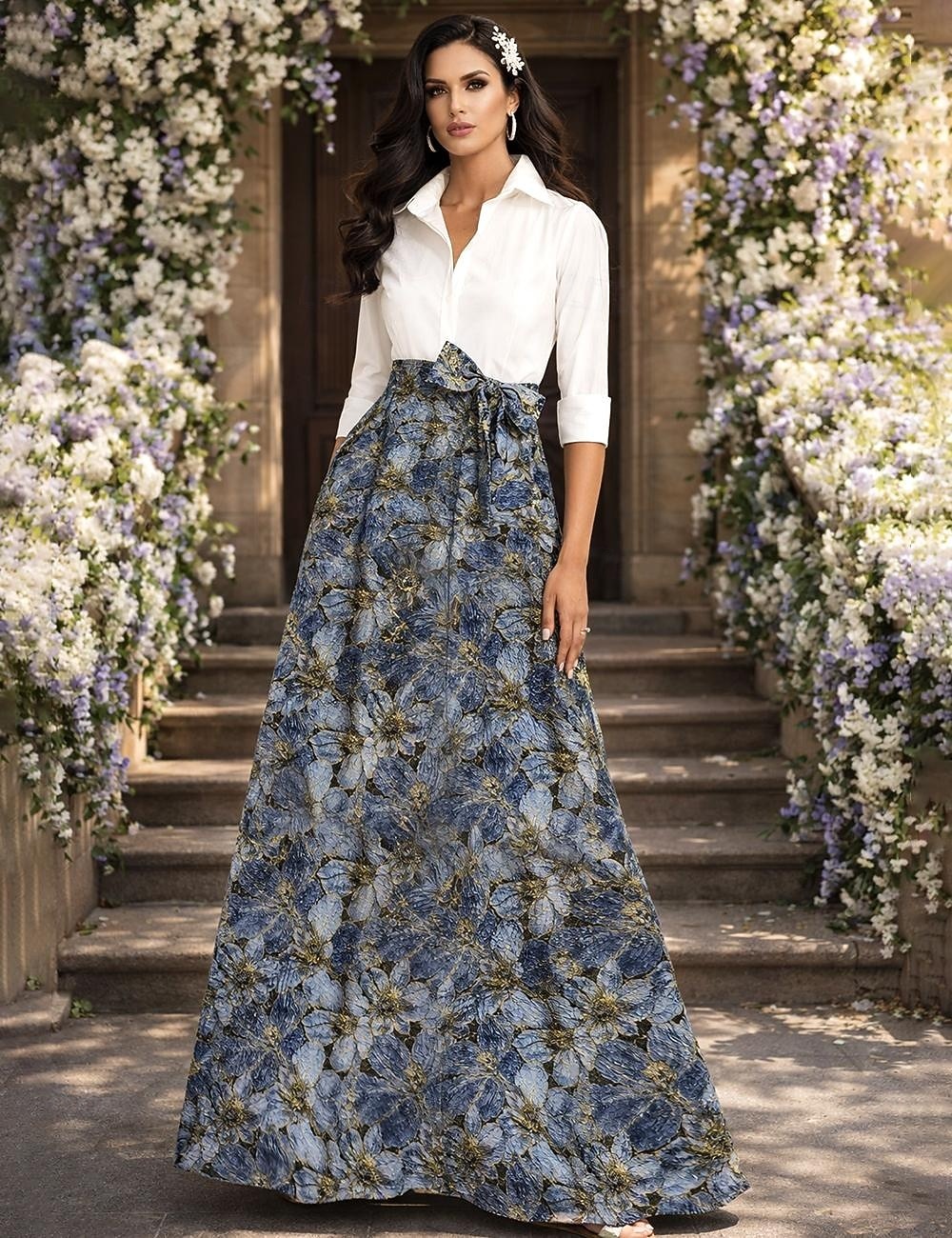 A-Linie Na zem Košilové šaty Šaty pro svatební hosty Formální šaty Šaty pro matku nevěsty Dlouhý rukáv Košilový límec Elegantní Vinobraní Formální Strečová látka s Mašle Barevné bloky 2026 - $186.99 –P3