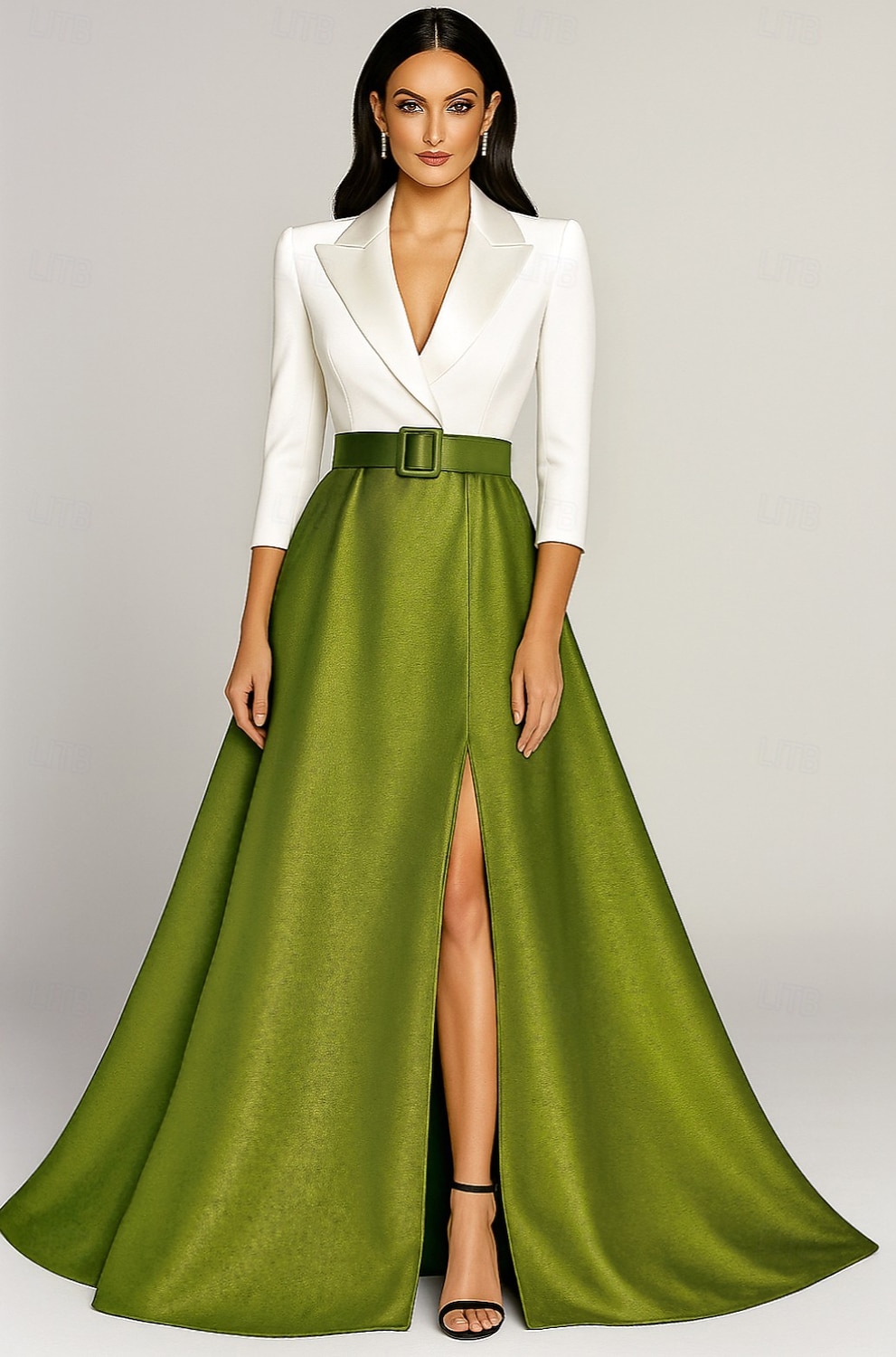 Per donna Abito da smoking Linea ad A Matrimonio Formale Ospite di nozze Raso Tessuto elasticizzato a 4 vie Elegante Scintillante Manica 3/4 Lunghezza al pavimento Colletto a Camicia Cerniera del 2026 a $165.99 –P1