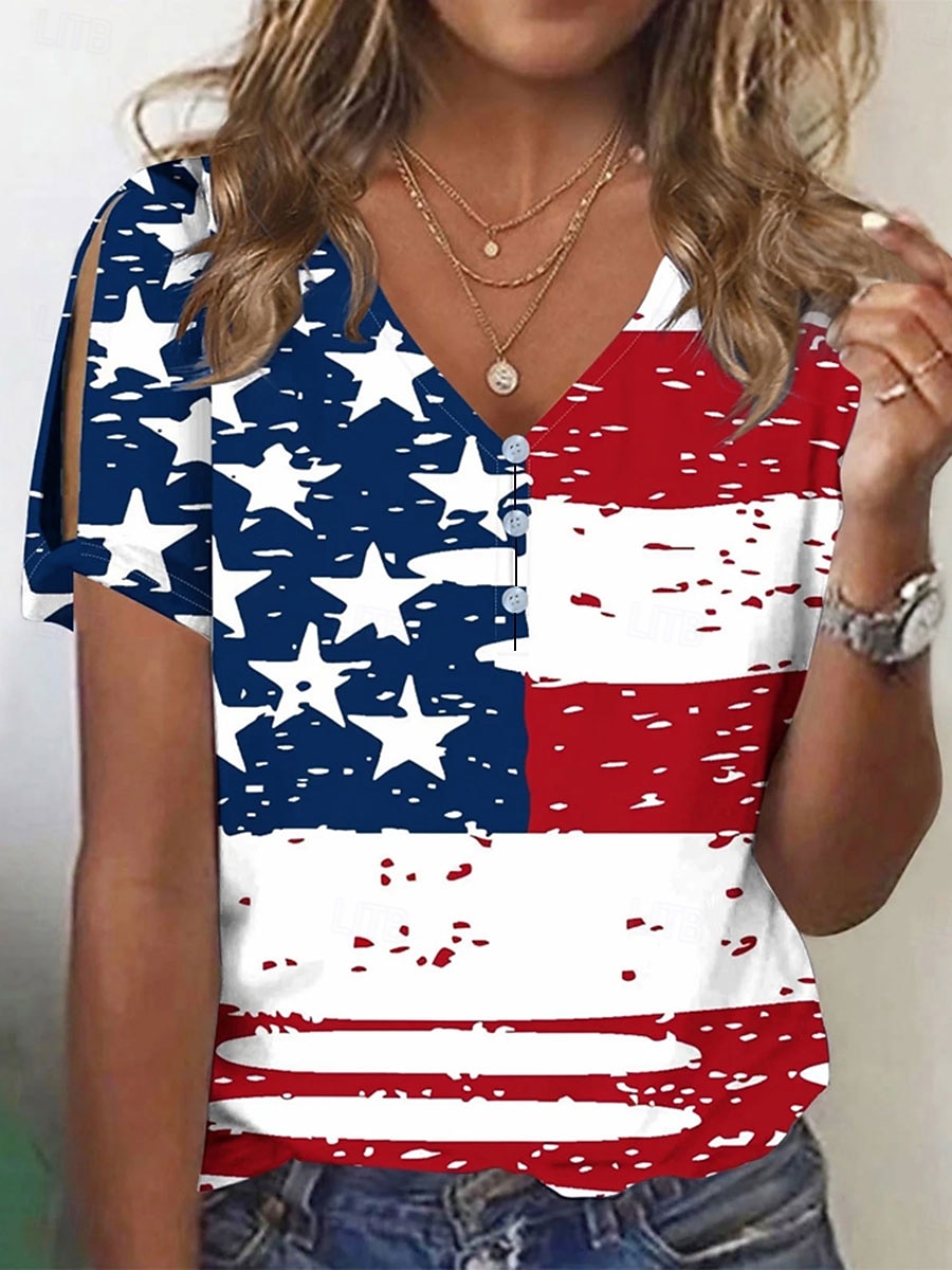 2026年 アメリカ独立記念日 女性用 Tシャツ カラーブロック プリント グラフィック フラッグ ヴィンテージ スタイリッシュ クラシック 半袖 Ｖネック レギュラートップス 日常 お出かけ 週末 ブルー ルビーレッド レッドとブルー 夏 春  コレクション – $29.99 –P1