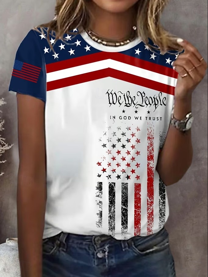 تي شيرت نسائي وطني لعيد الاستقلال برسمة علم عتيقة أنيقة كلاسيكية بأكمام قصيرة بحافة عادية يومية عطلة مطبوعة زرقاء ربيع صيف 2026 - $22.99 –P5