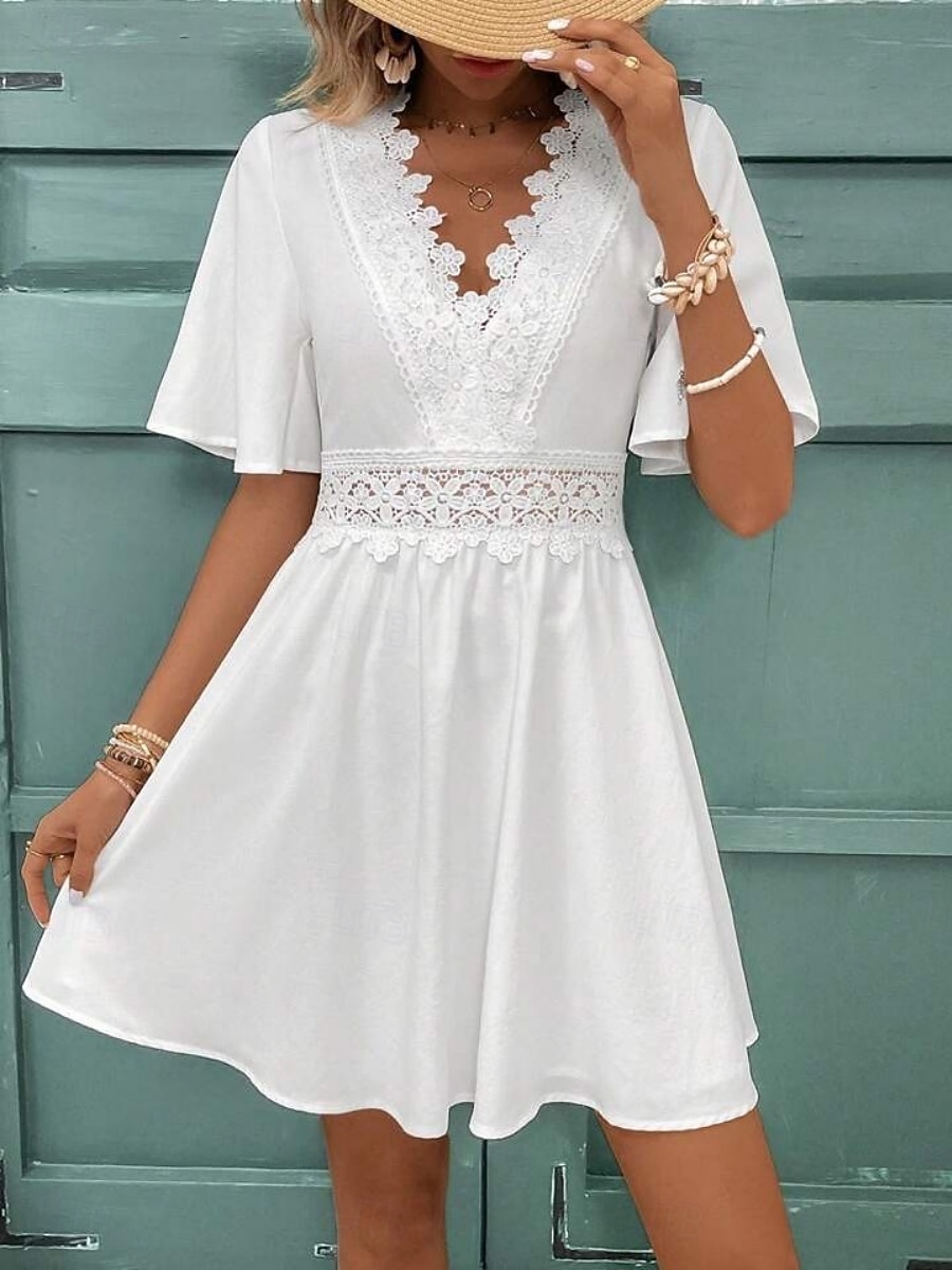 Per donna Mini Abito Abito in Pizzo Abito Bianco Elegante Moda Moderno All'aperto Vacanza Uscire Vestibilità regolare Semplice Manica Corta Scollo a V Nero Bianco Estate Primavera del 2026 a $25.99 –P4