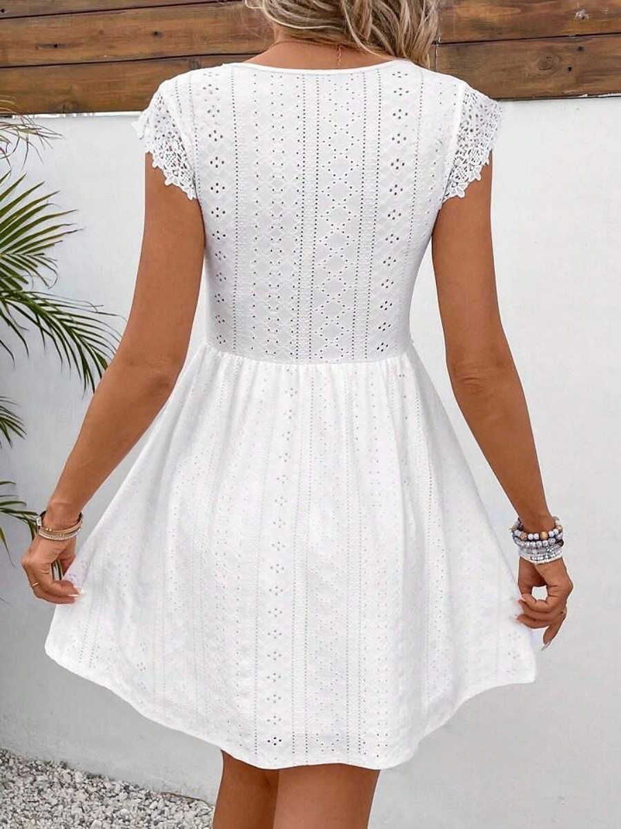 Dames Halflange jurk Kanten jurk Witte jurk Jurk met oogjes Elegant Modieus Modern Casual Dagelijks Buiten Normale pasvorm Effen Mouwloos V-hals Zwart Wit Zomer Lente 2026 - $25.99 –P4