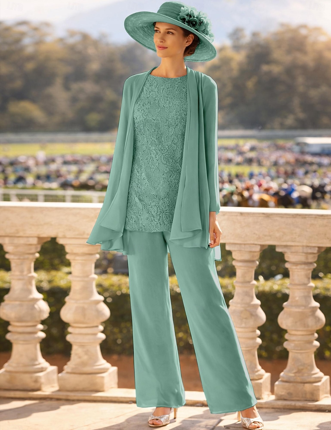 3-delt buksedress gulvlang mor til bruden kjole langermet rund hals elegant formell brudgjest med perler 2026 - $125.99 –P7