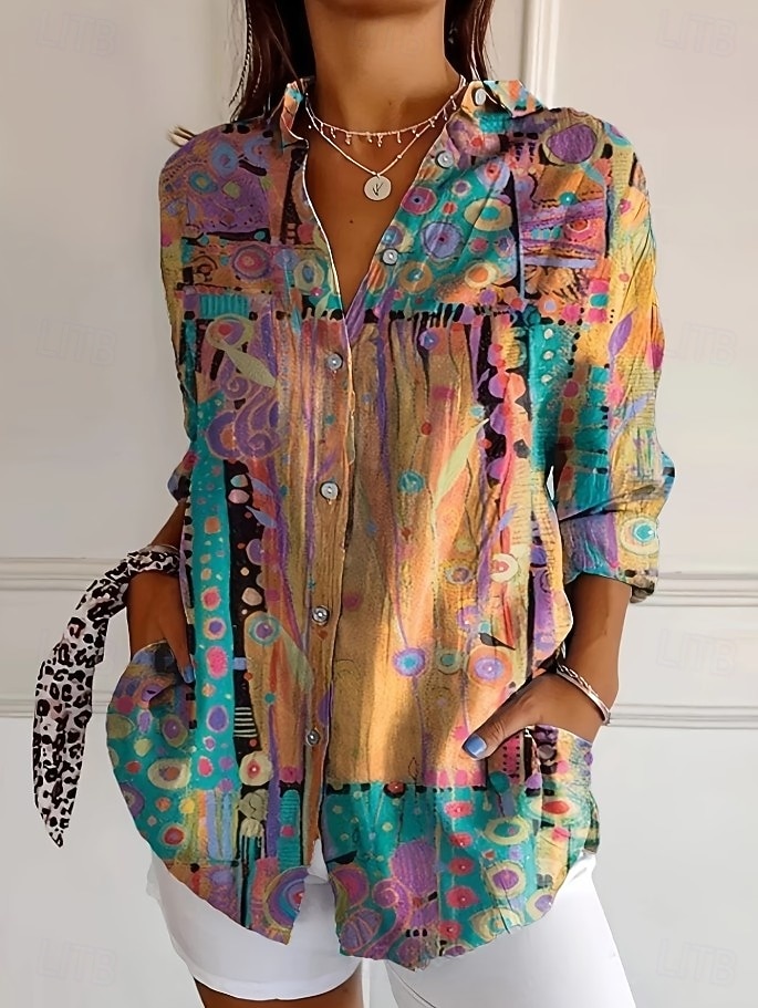 Dam Skjorta Blus Lappverk Knappar Mönster Grafisk Geometrisk Rutig Vintage Tropisk Dagligen Långärmad Tröjkrage Långa toppar Dagligen Blå Svart Rubinrött Marinblå Orange Sommar Vår 2026 - $32.99 –P4