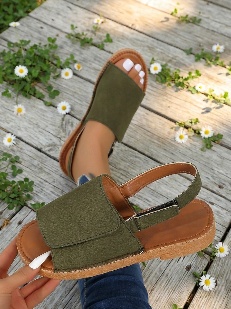 Sandalias planas informales de color verde militar para mujer: cómodas sandalias planas con punta abierta y tira trasera para playa y viajes en verano. &uso diario 2026 - $19.99 –P5