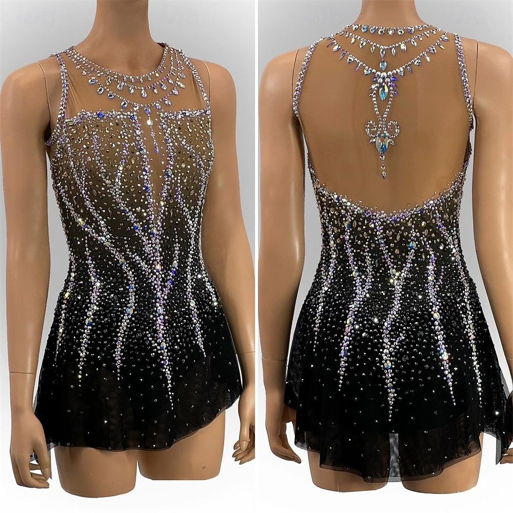 Figure Skating Dress Women's Ice Skating Dress Black Patchwork Asymmetric Hem Stretchy Training Competition Skating Wear Classic Crystal / Rhinestone Sleeveless Ice Skating Figure Skating 2026 - $367.69 –P1