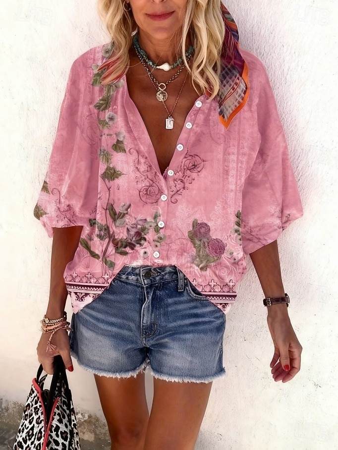 Жен. Рубашка С принтом Омбре Цветочный принт Графика Богемия Винтаж Повседневные Рукав 3/4 V-образный вырез Обычные топы Повседневные Праздники Одежда для пляжа 2026 - $42.99 –P13