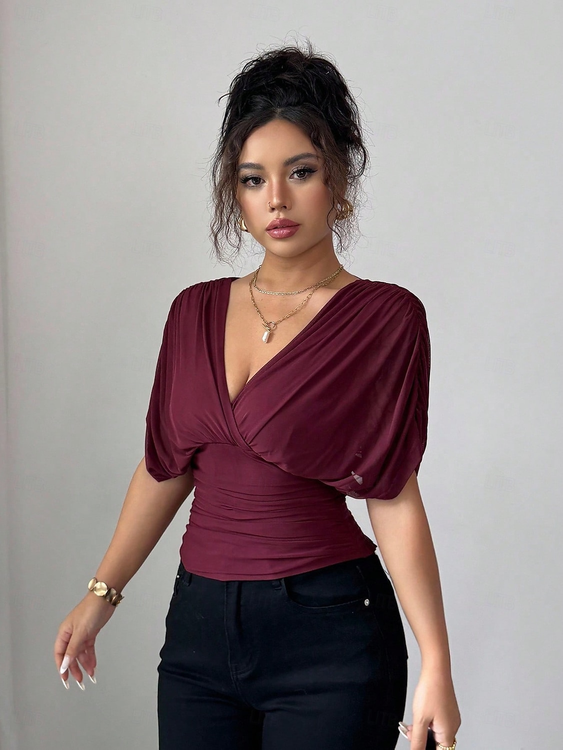 Per donna Blusa Tinta unica Semplice Elegante Vintage Moda Manica Corta Scollo a V Scollo profondo Top Regolari Rosso violaceo Marrone caffè Nero Verde militare Estate Primavera del 2026 a $24.99 –P4