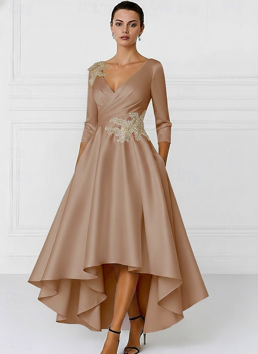 A-linje Asymmetrisk Festkjole Cocktail Kjole Gjestekjole til bryllup Kjole til brudens mor Langermet V-hals Elegant Formell Sateng med Appliqué 2026 - $183.99 –P5