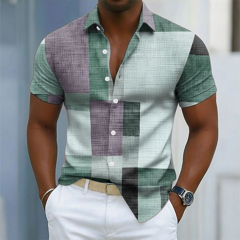 Per uomo Geometrico Blocco di colori Patchwork Camicia Camicia con Bottoni Manica Corta Moda Casual Quotidiano All'aperto Vacanza Estate Primavera Collo ripiegato Stampa 3D Camicia tipo lino Blu del 2026 a $25.99 –P3