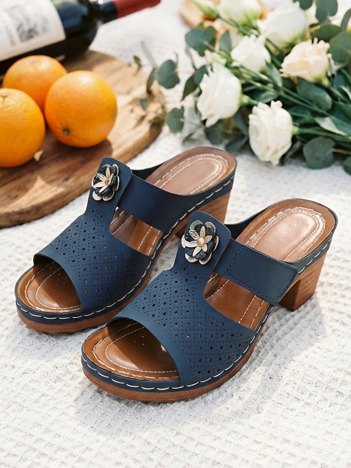 Women's Navy Blue Breathable Block Heel Sandals with Floral Detail - Casual and Comfortable Open-Toe Heeled Shoes for Work, Office, Travel, Shopping & Daily Wear 2026 - $26.99 –P8
