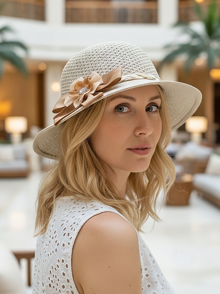 Dámský skládací bohémský slaměný klobouk proti slunci – lehká prodyšná polyesterová plážová čepice s květinovou mašlí, více barev pro letní dovolenou, běžné nošení i cestování 2026 - $5.99 –P2