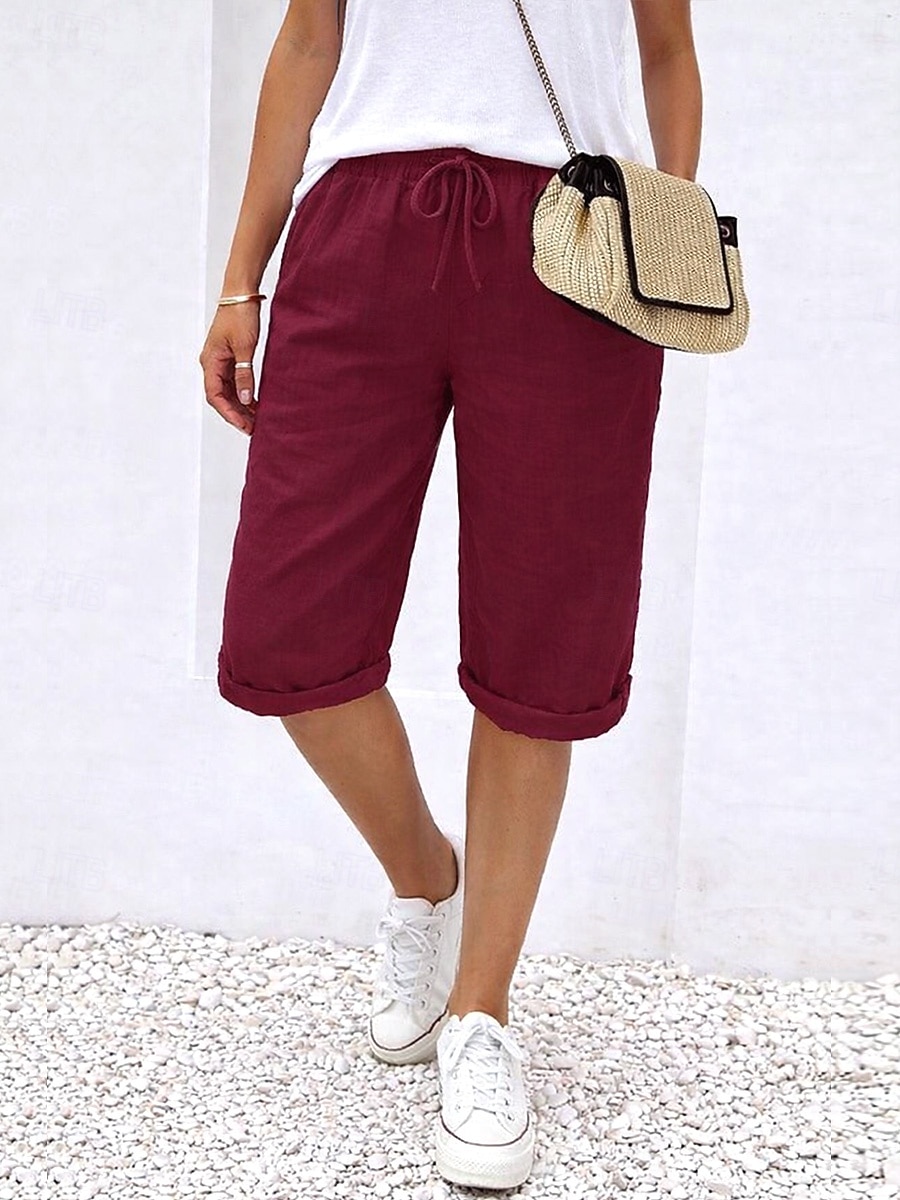 Dames Katoenen linnen shorts Capri broeken Vrijetijdsbroek Zomer korte broeken Vakantie Basic Knielengte Medium Taille Effen Comfortabel Inelastisch Donker Grijs Zwart Wit Oranje Zomer Lente 2026 - $21.99 –P7