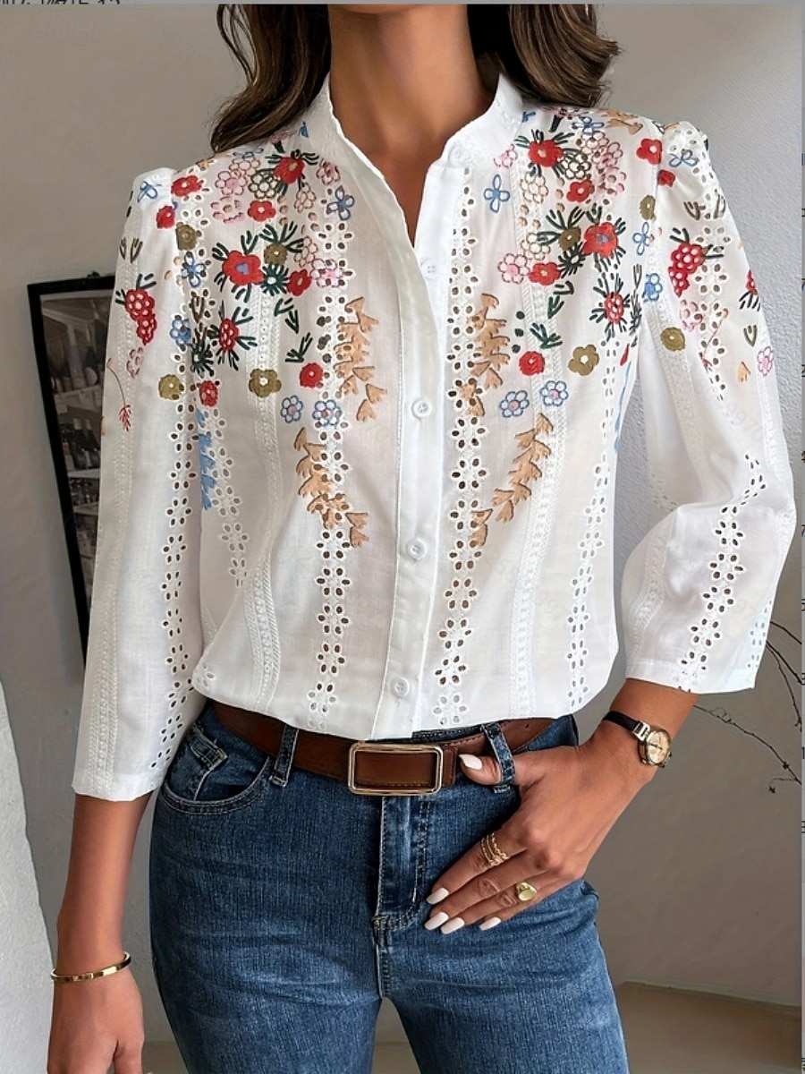 Women's Blouse Embroidered Print Floral Stylish Casual Long Sleeve V Neck Mandarin Collar Regular Tops Daily Blue Red Green Summer Spring Fall 2026 - $35.99 –P4