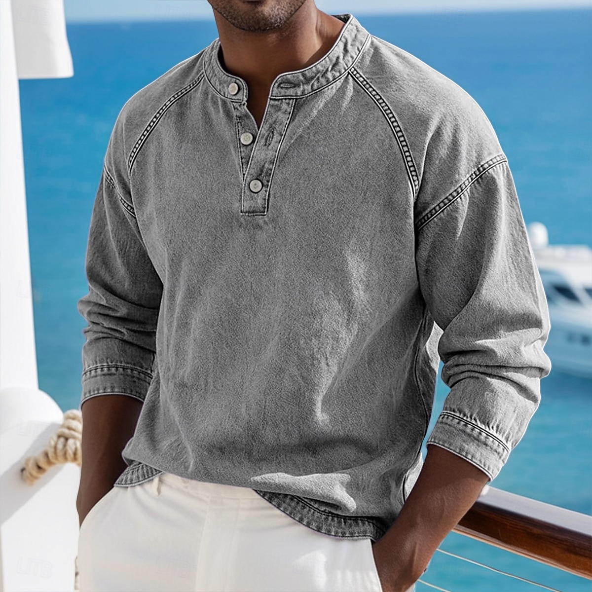 Voor heren T-shirt Henley-shirt Overhemd van 100% katoen met zure wassing Lange mouw Effen Effen kleur Vintage Streetwear Casual Kledingstuk geverfd Bleek Puur Opstaand Henley Casual Huis Straat 2026 - $33.99 –P11