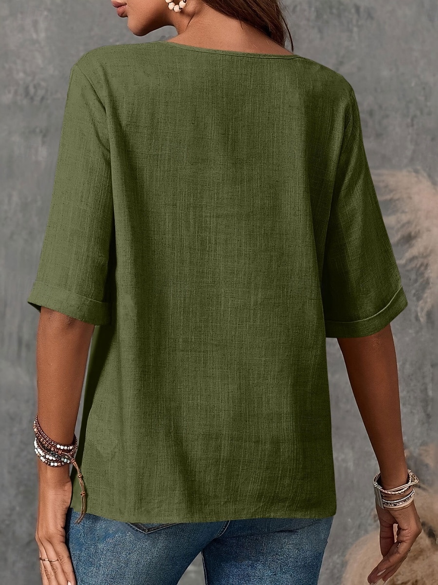 Damen Bluse Hemd aus Leinenimitat Knöpfe Einfarbig Stilvoll Basic Lässig Halbarm Rundhalsausschnitt Normale Oberteile Täglich Blau Schwarz Weiß Armeegrün Rote Sommer Frühling Herbst 2026 - $21.99 –P10