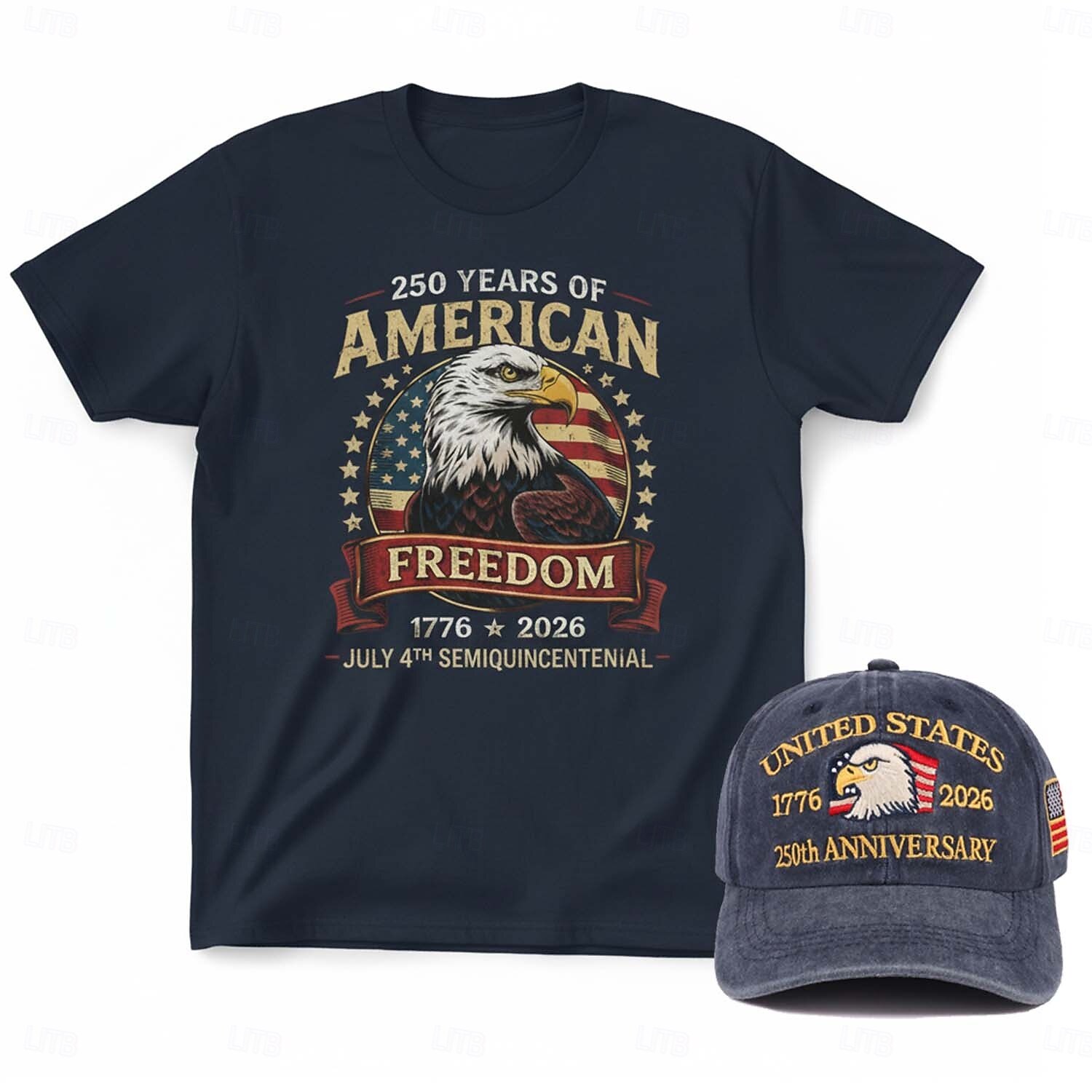 T-shirt en baseballpet set ter ere van het 250-jarig jubileum van de VS - T-shirt met Amerikaanse vlag en adelaar (1776-2026), patriottisch ontwerp voor mannen en volwassenen voor Onafhankelijkheidsdag. 2026 - $26.99 –P1