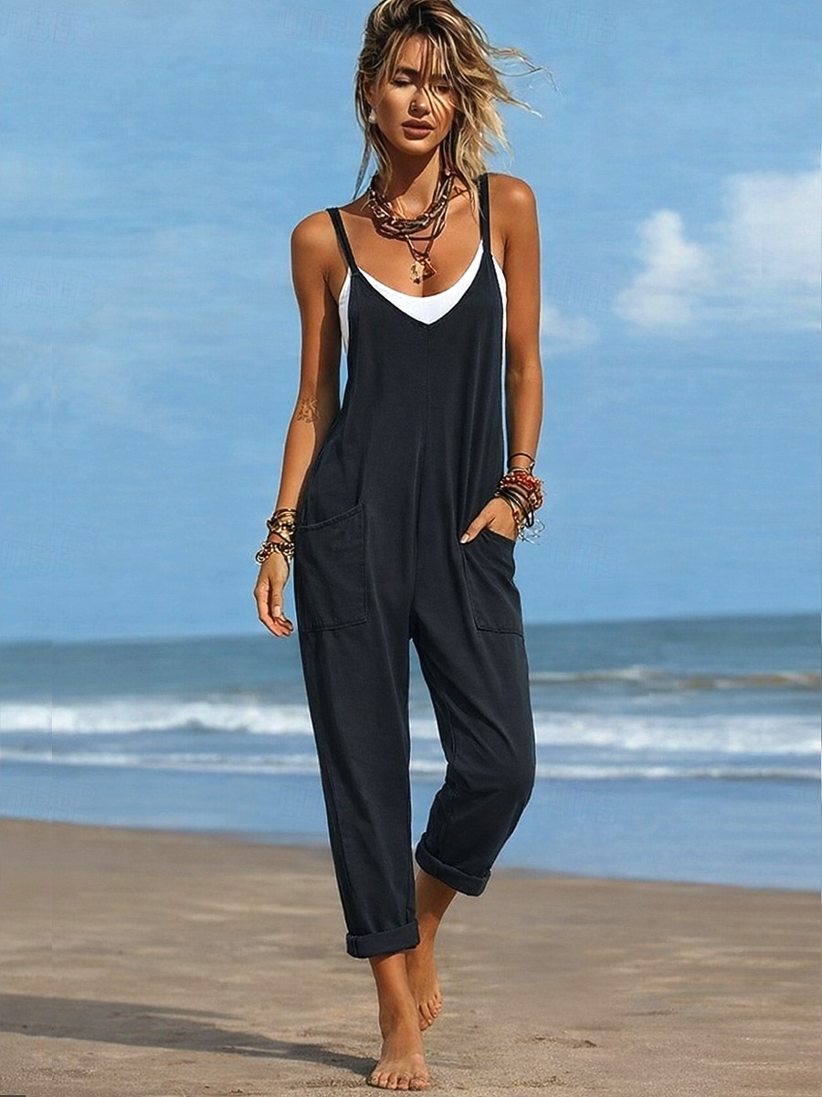 2026年 女性用 標準 ジャンプスーツ 活発的 純色 ノースリーブ Ｖネック ポケット 日常 ビーチ ルーズフィット ブラック ワイン パープル 夏  コレクション – $25.99 –P5
