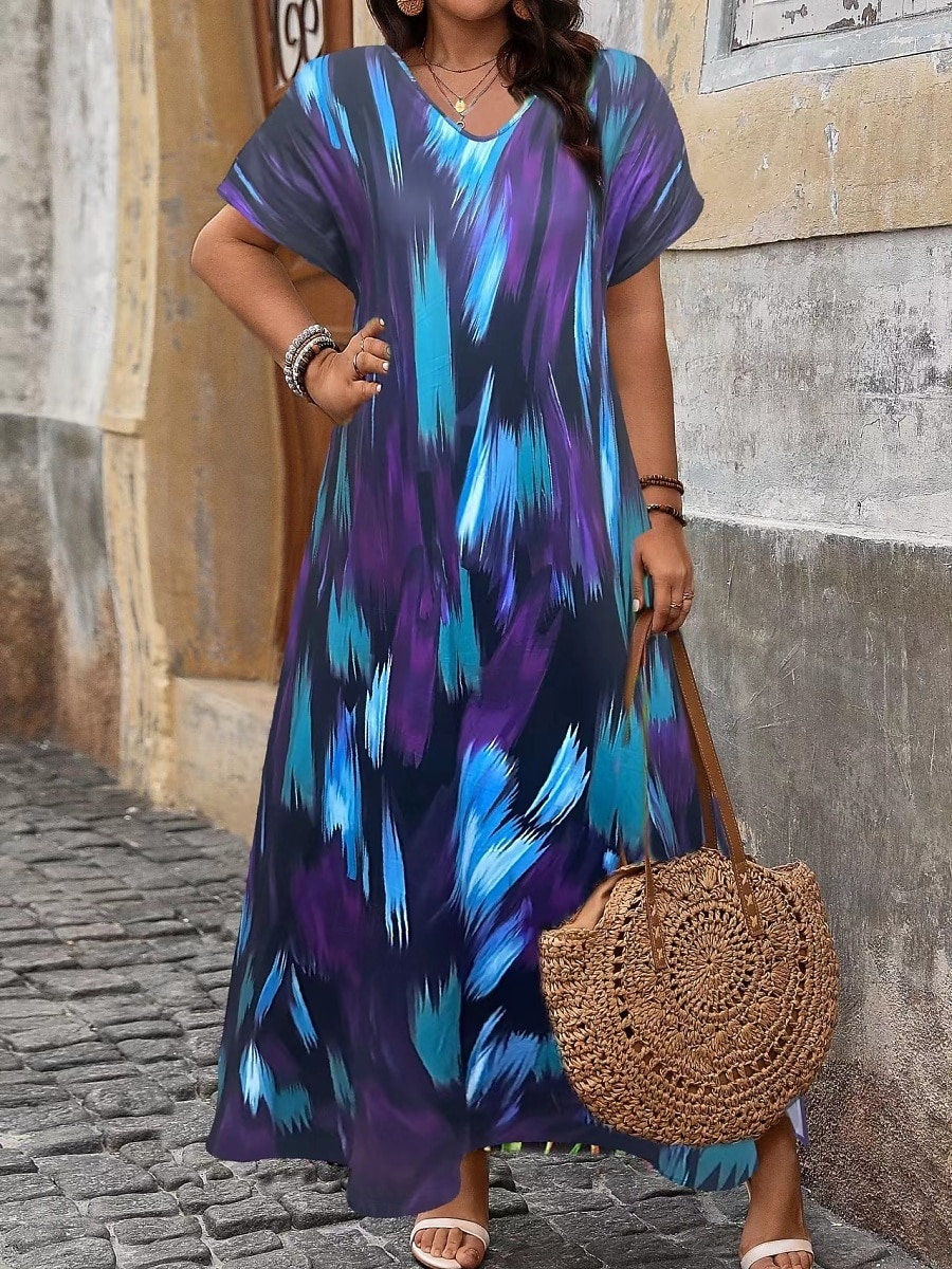 Dames Maxi-jurk Casual jurk T shirt jurk A lijn jurk Modieus Modern Dagelijks Vakantie Uitgaan Ruim Passend Gestreept Korte mouw V-hals blauw Blozend Roze Rood Paars Zomer Lente 2026 - $29.99 –P14