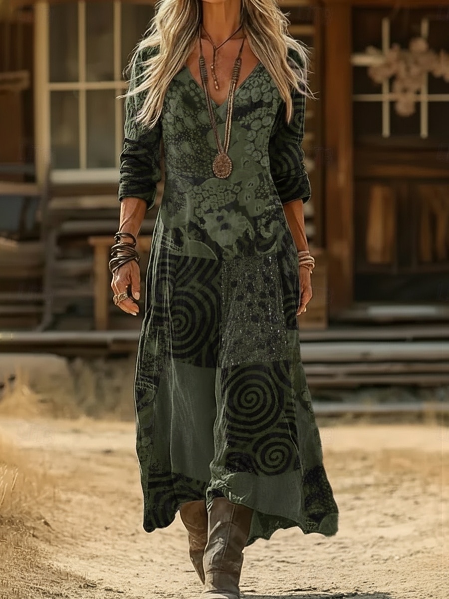 Dam Maxiklänning Boho-klänning Vintage klänning Vardagsklänning Vintage Dagligen Utomhus Semester Normal Blommig Långärmad V-hals Svart Armégrön Marinblå Purpur Vår Höst 2026 - $37.99 –P4